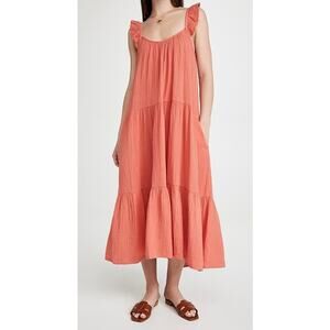 Xirena Rumer Scoop Neck Flutter Sleeve Gauze Tiered Midi Dress in Paprika